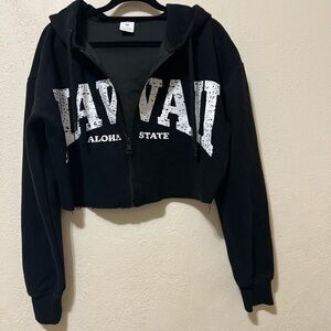 Black Cropped Zip Hoodie with 'Hawaii' Graphic
